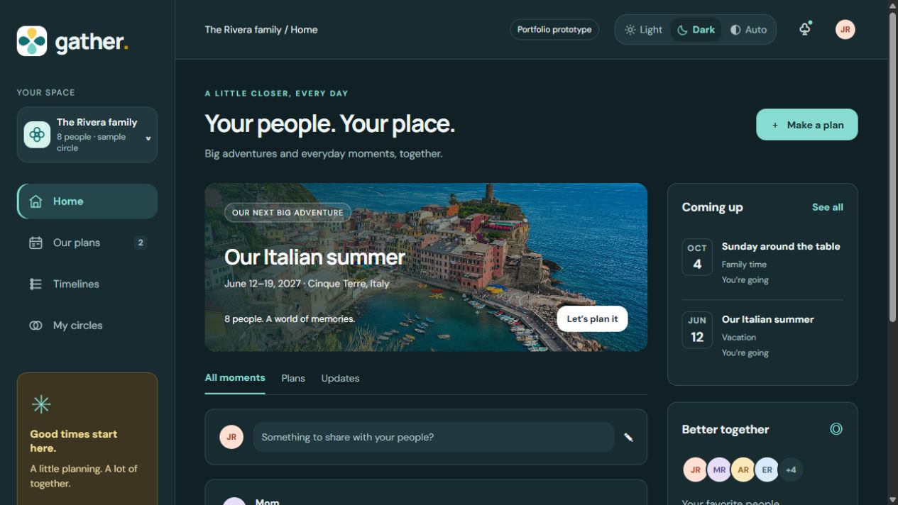 Gather app home screen showing a family circle, trip planning, and upcoming events
