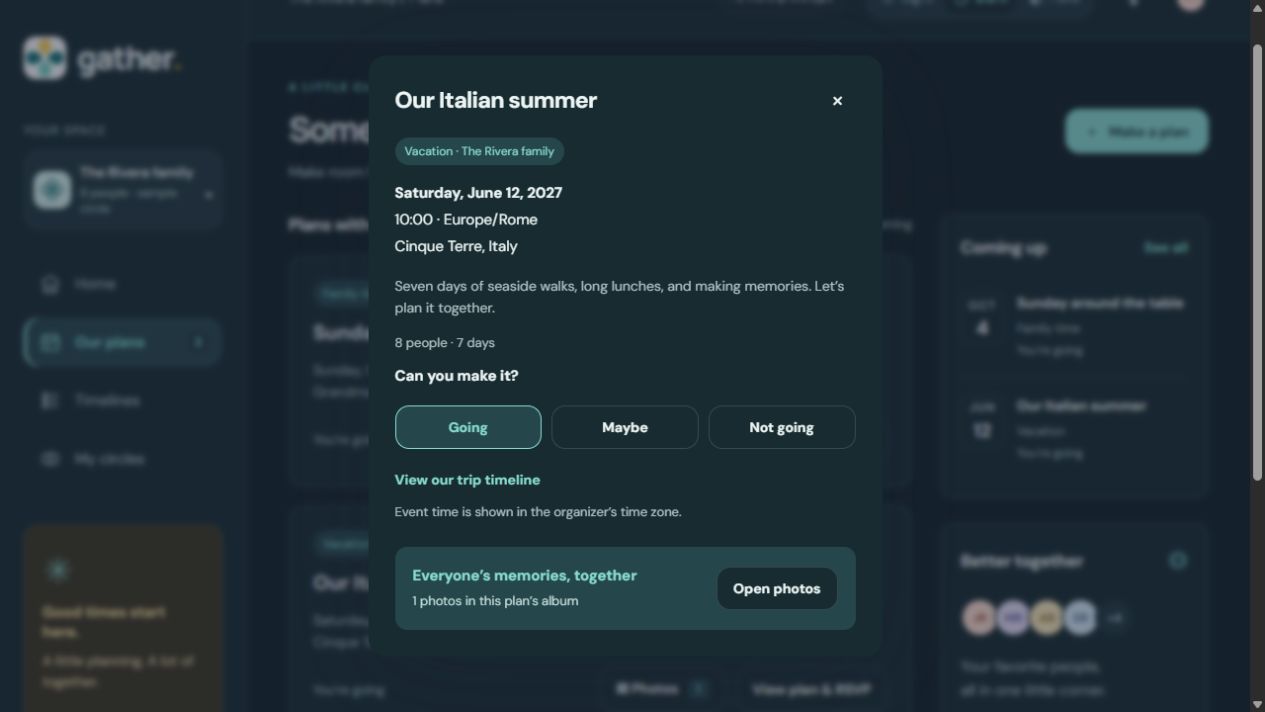 Gather’s Italian summer plan dialog showing the date, Europe/Rome time zone, RSVP choices, trip timeline, and photo album