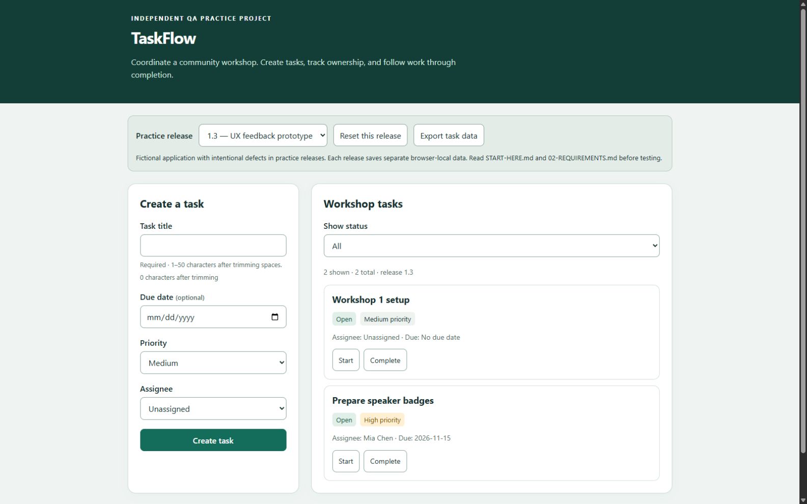 TaskFlow desktop preview, one of three projects in the Manual QA collection
